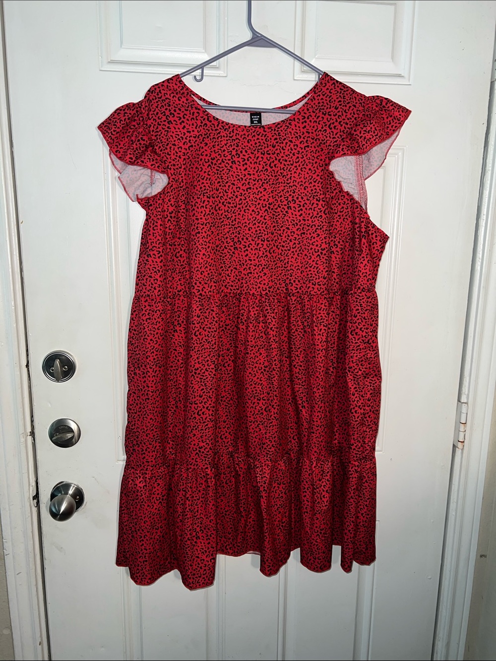 SHEIN Red Leopard Print Ruffle Sleeve Tiered Sundress